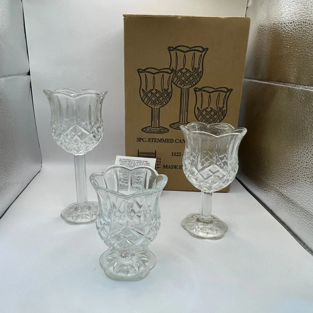 Home Interiors Stemmed Candle Holder Set 3pc Clear Glass Diamond Cut Vintage 90s
